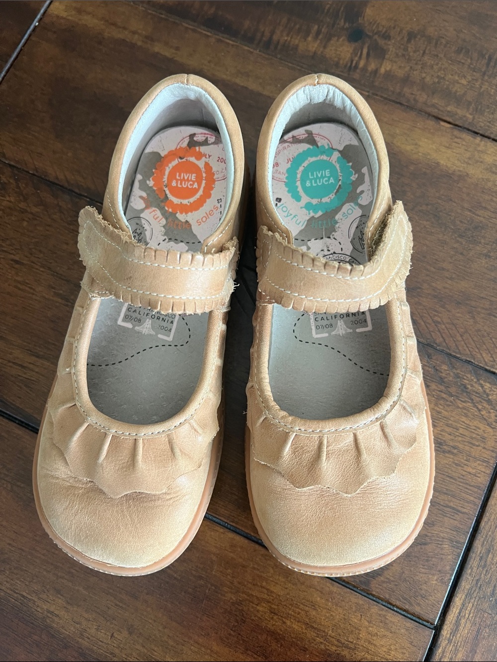 Livie & Luca Tan Leather Mary Jane with Ruffle Strap
